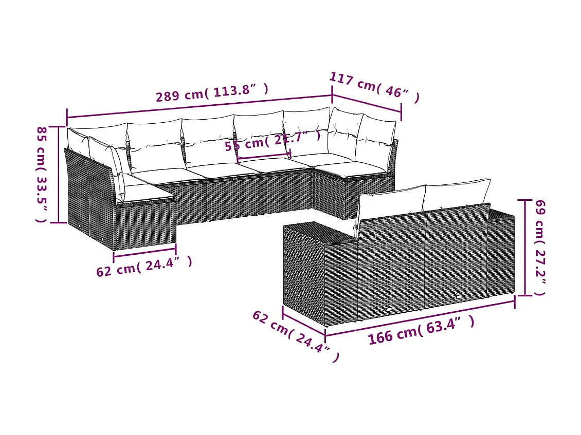 Set Divano da Giardino 9pz con Cuscini Grigio Chiaro Polyrattan
