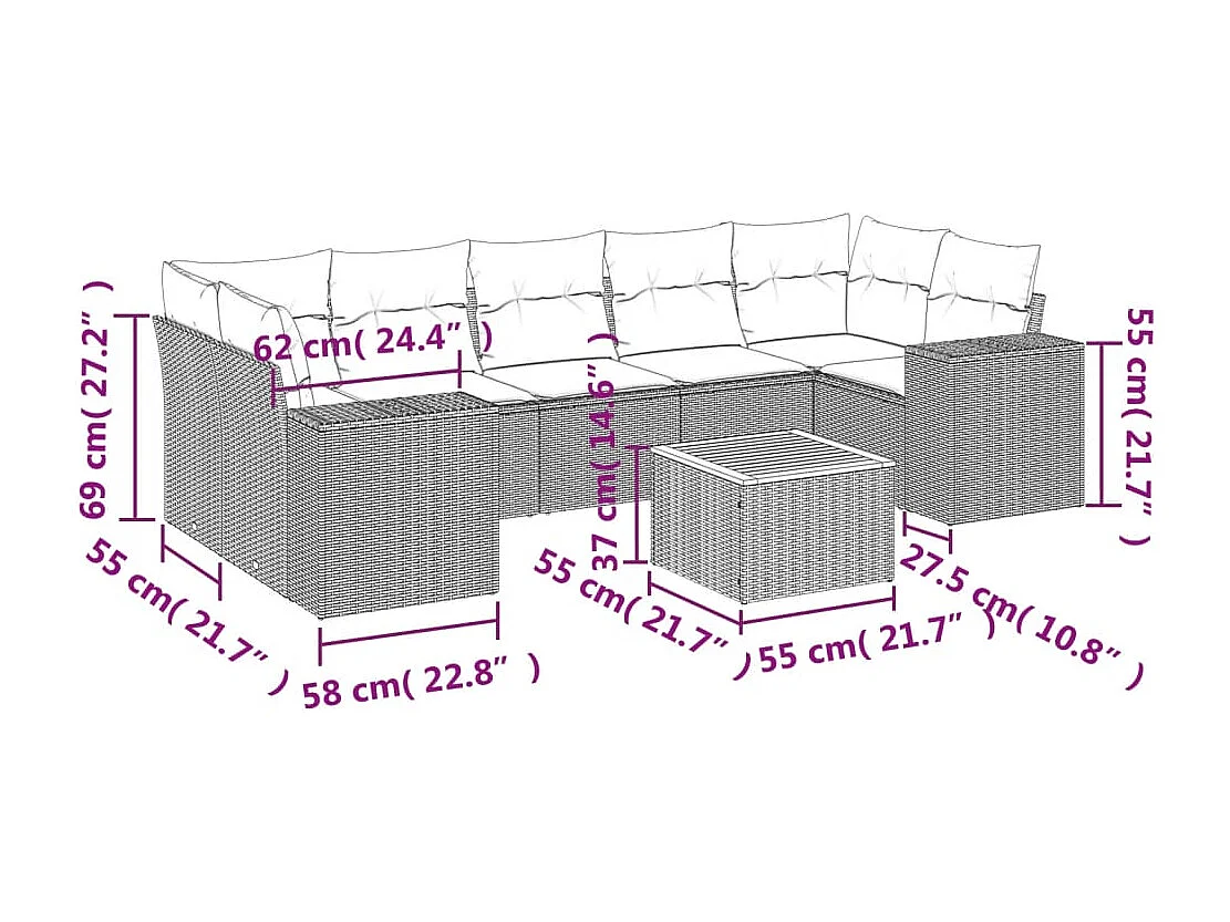 8-tlg. Garten-Sofagarnitur mit Kissen Beige Poly Rattan