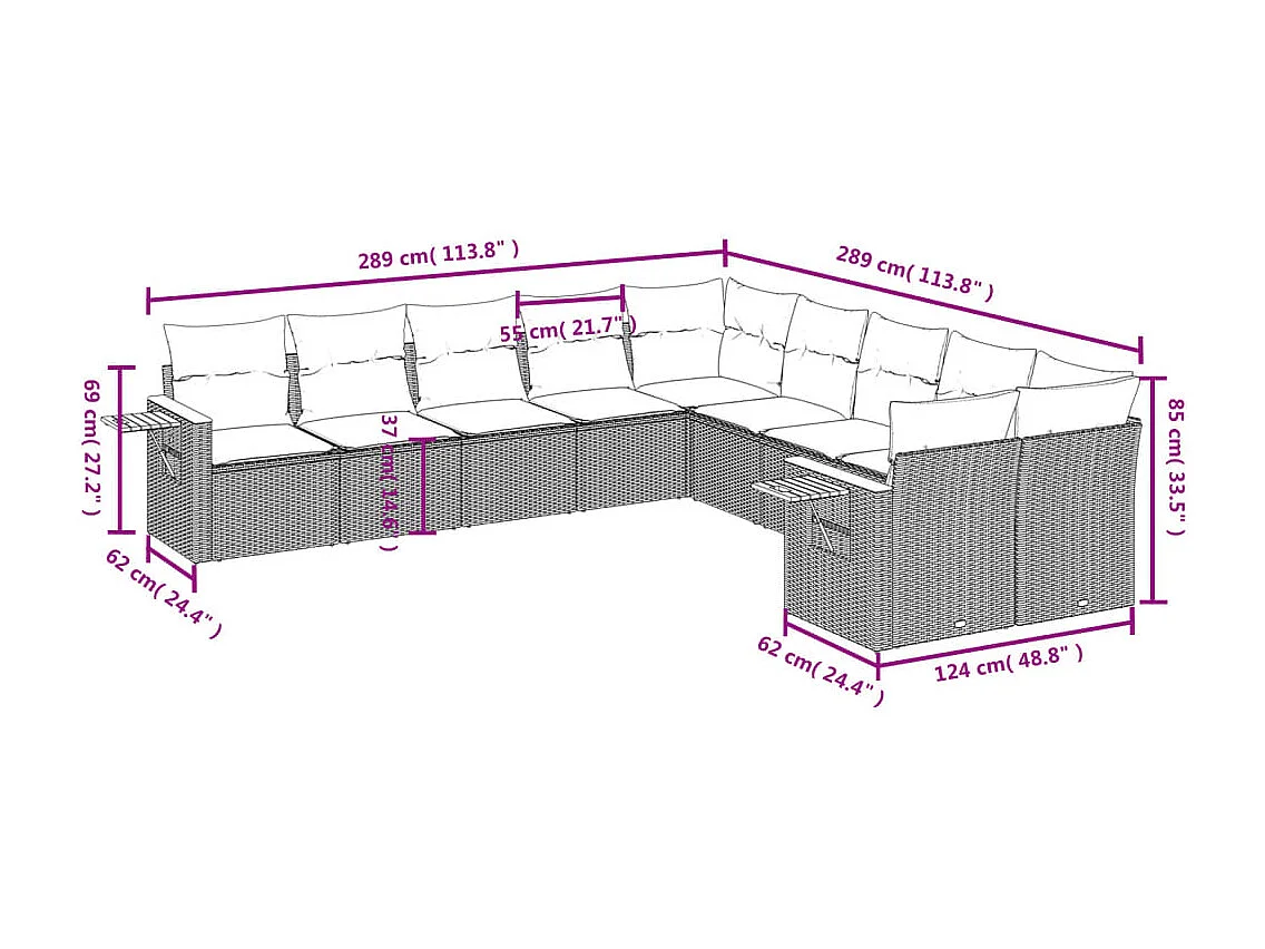10-tlg. Garten-Sofagarnitur mit Kissen Schwarz Poly Rattan