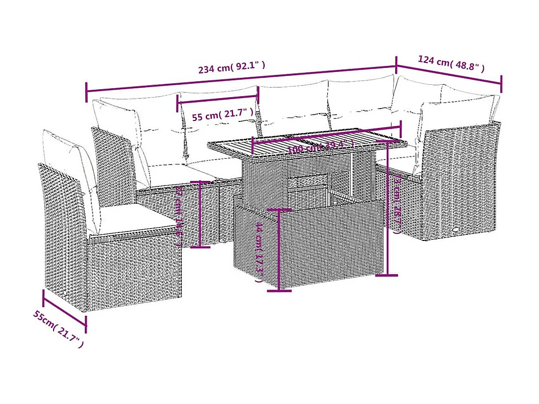 7-tlg. Garten-Sofagarnitur mit Kissen Beige Poly Rattan