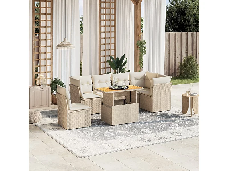 7-tlg. Garten-Sofagarnitur mit Kissen Beige Poly Rattan