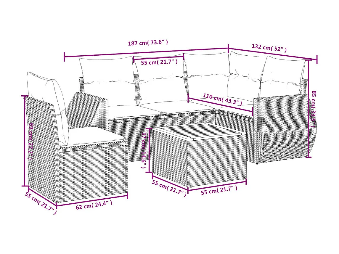 6-tlg. Garten-Sofagarnitur mit Kissen Beige Poly Rattan