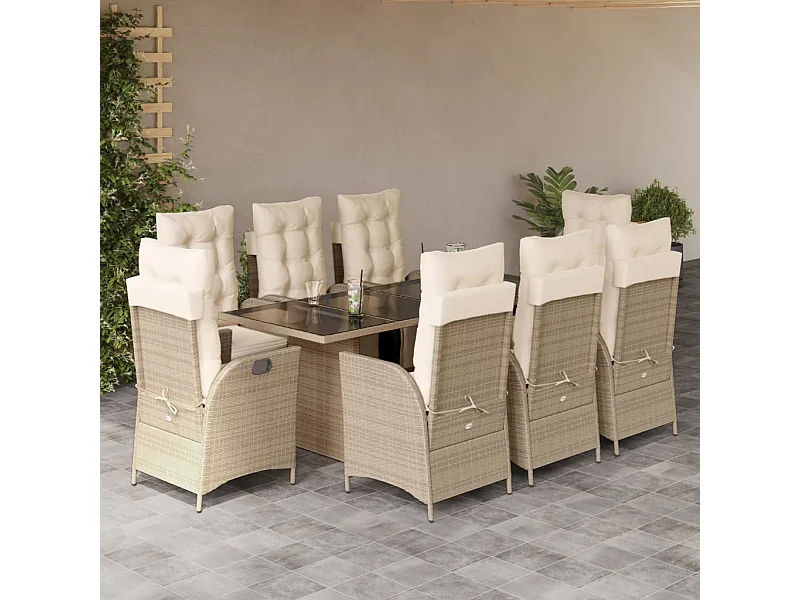 Ensemble à manger de jardin et coussins 9 pcs beige Poly rotin