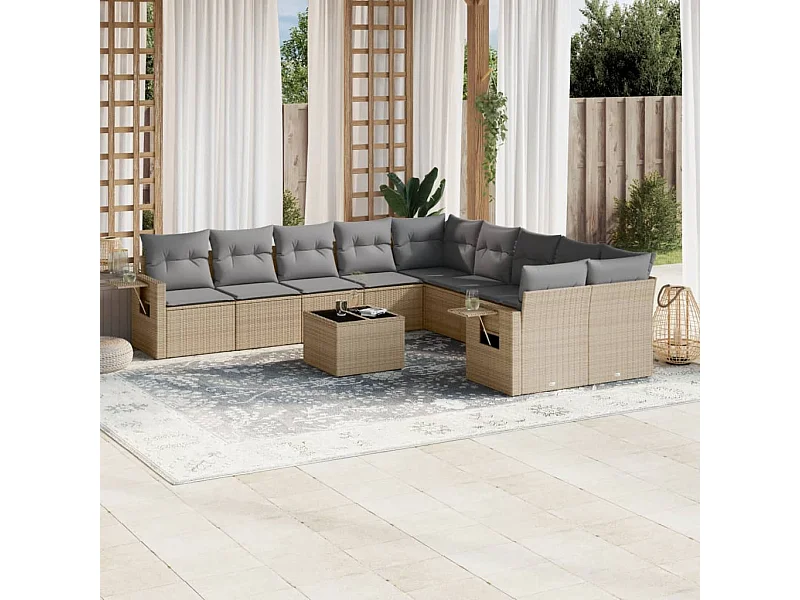 Salon de jardin 11 pcs avec coussins beige résine tressée