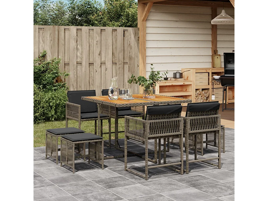 Set comedor jardín 9 pzas y cojines ratán sintético gris