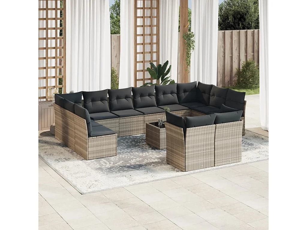 13-tlg. Garten-Sofagarnitur mit Kissen Hellgrau Poly Rattan