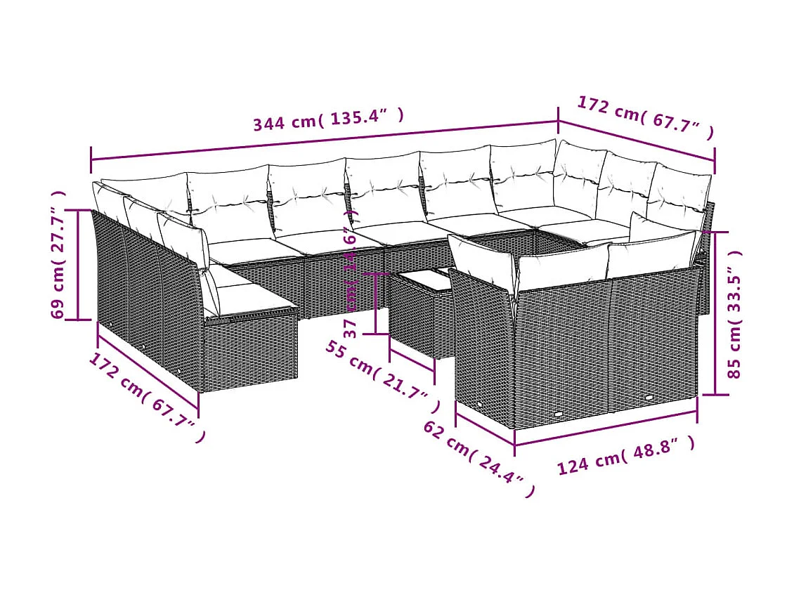 13-tlg. Garten-Sofagarnitur mit Kissen Hellgrau Poly Rattan