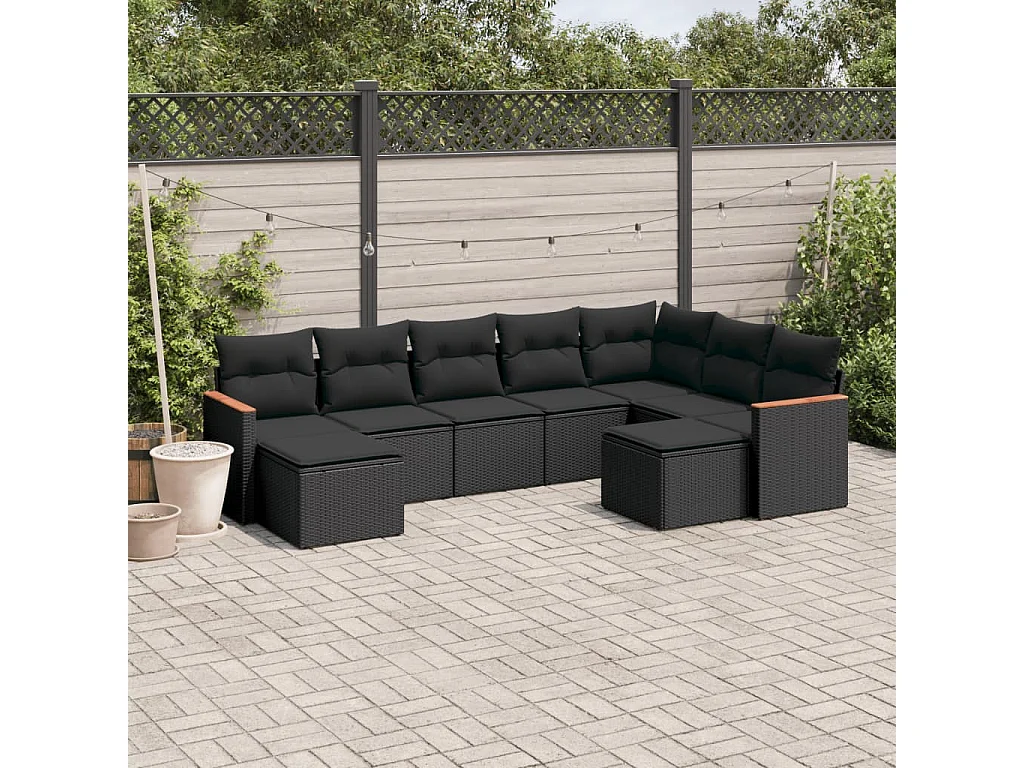 9-tlg. Garten-Sofagarnitur mit Kissen Schwarz Poly Rattan