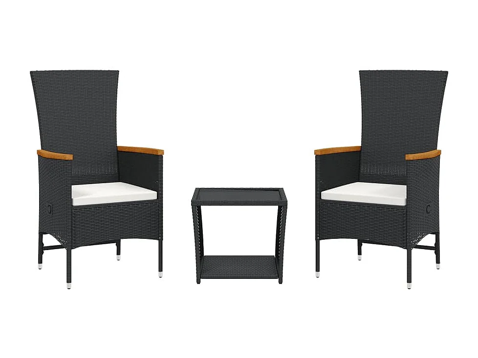 Set da Pranzo da Giardino 3 pz con Cuscini Nero in Polyrattan