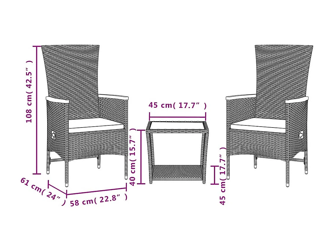 Ensemble à manger de jardin avec coussins 3 pcs Noir