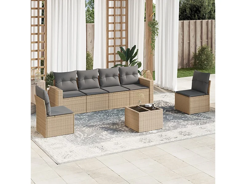 Set Divani da Giardino 7 pz con Cuscini Beige in Polyrattan