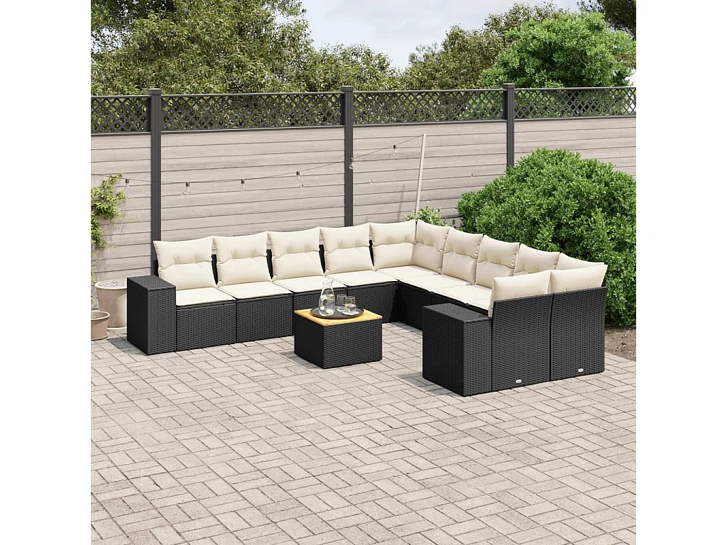 Set de sofás de jardín 11 pzas y cojines ratán sintético negro