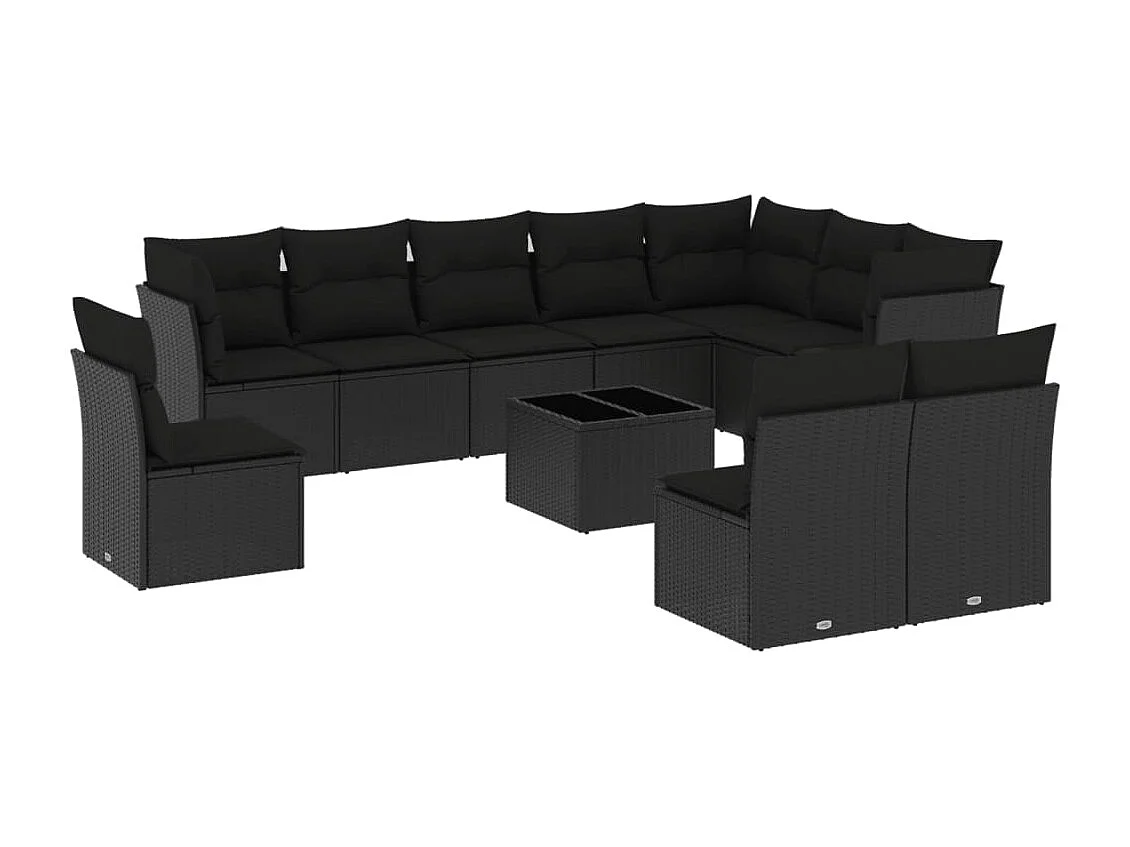 11 pcs conjunto sofás de jardim c/ almofadões vime PE preto
