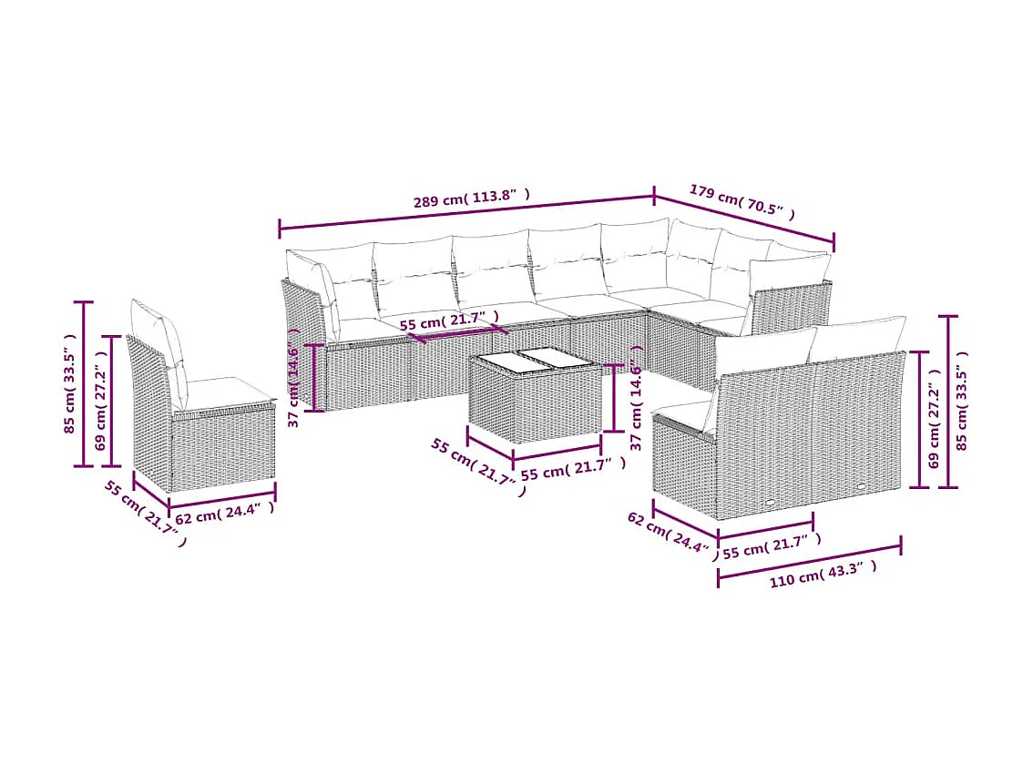 11 pcs conjunto sofás de jardim c/ almofadões vime PE preto