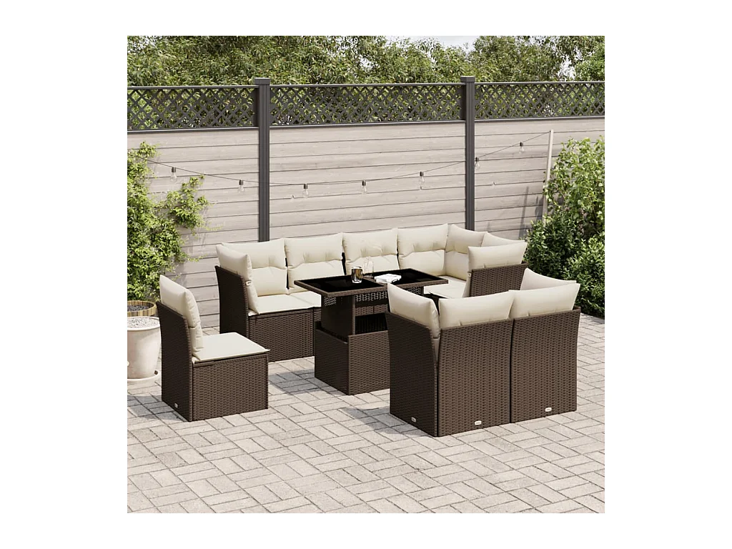 Salon de jardin avec coussins 9 pcs marron résine tressée
