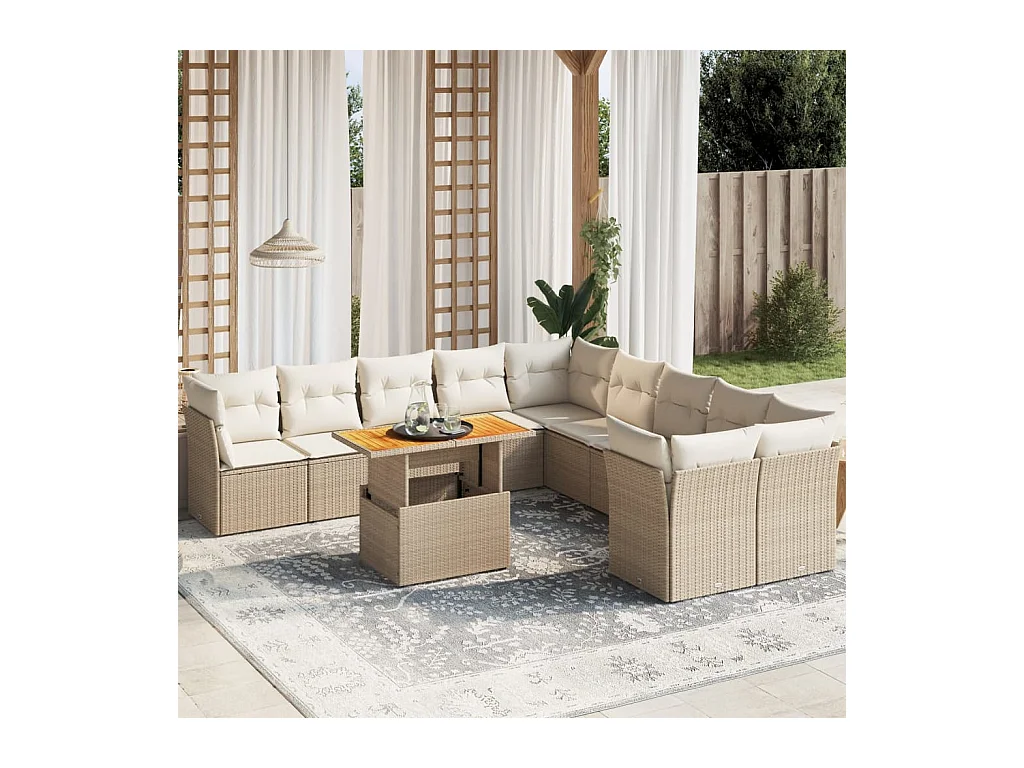 Salon de jardin 11 pcs avec coussins beige résine tressée