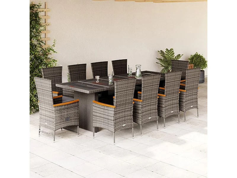 Set da Pranzo da Giardino 11pz con Cuscini in Polyrattan Grigio