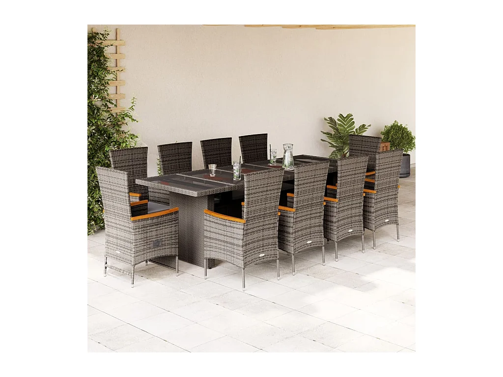 11 pcs conjunto jantar p/ jardim c/ almofadões vime PE cinzento