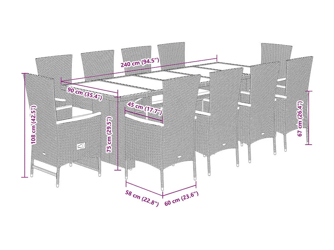 Set da Pranzo da Giardino 11pz con Cuscini in Polyrattan Grigio
