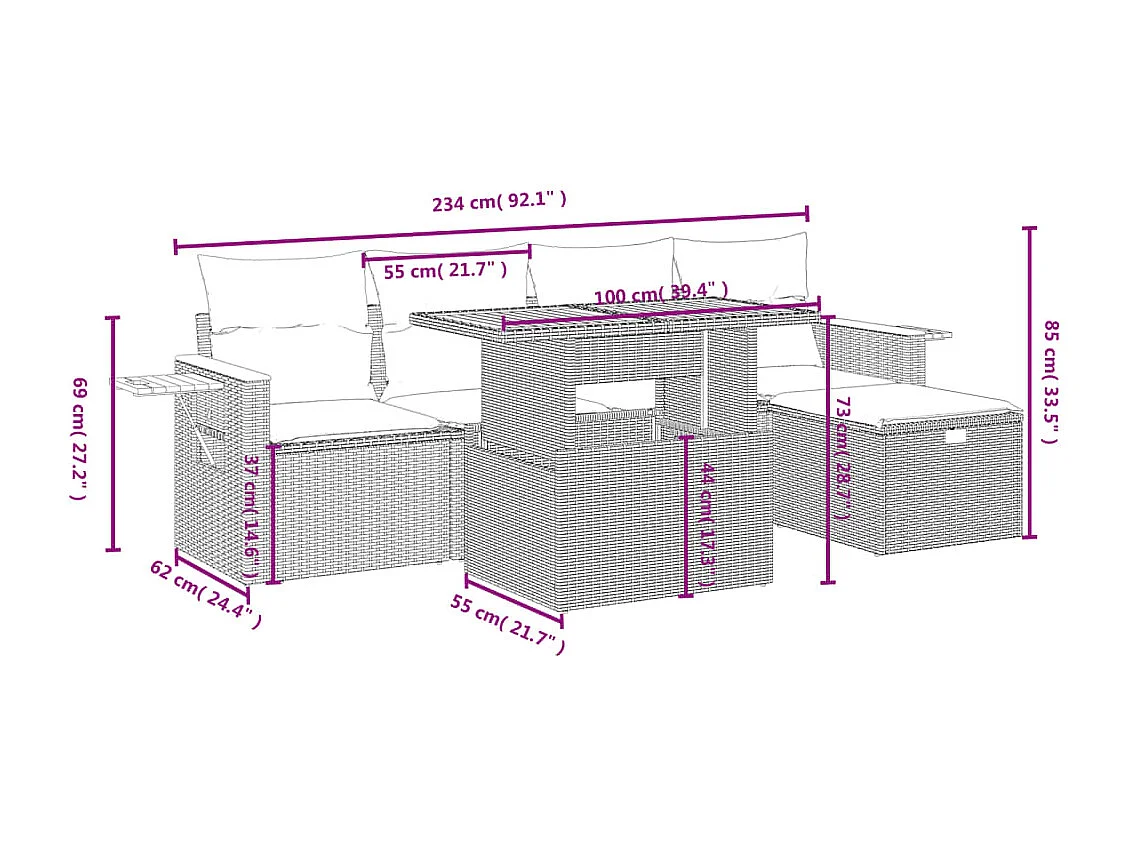 6 pcs conjunto de sofás p/ jardim com almofadões vime PE bege