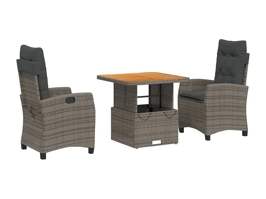 Set comedor de jardín 3 piezas con cojines ratán sintético gris