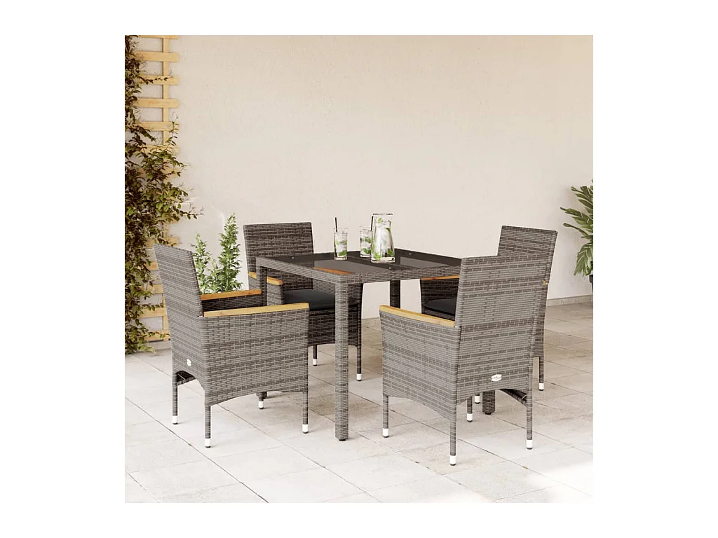 Ensemble à manger de jardin et coussins 5 pcs gris rotin verre
