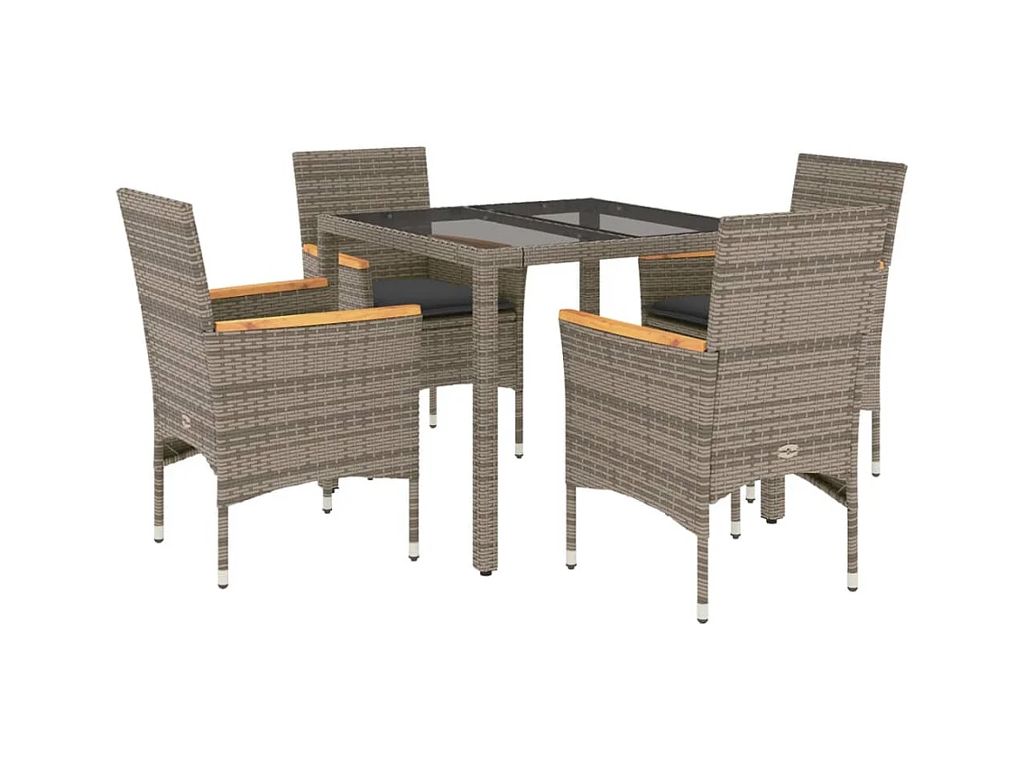 5-delige Tuinset met kussens poly rattan en glas grijs