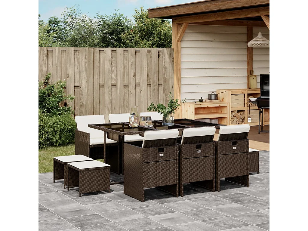 Set da Pranzo da Giardino 11 pz con Cuscini Polyrattan Marrone