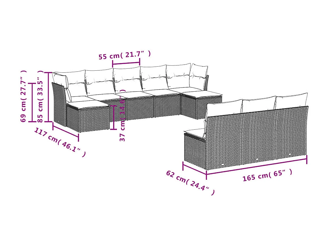 10-delige Loungeset met kussens poly rattan bruin
