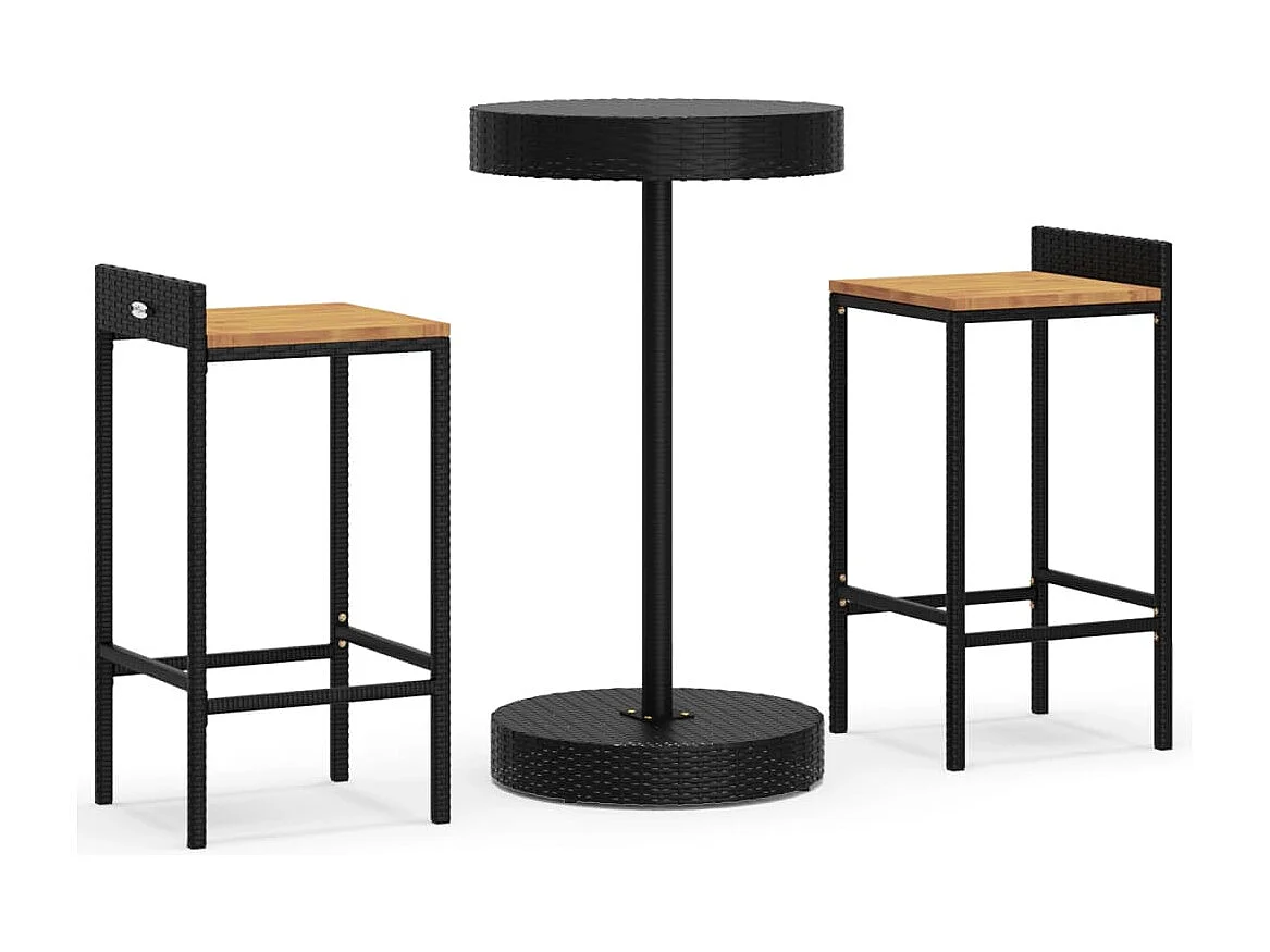 Ensemble de bar jardin 3 pcs noir poly rotin/bois massif acacia