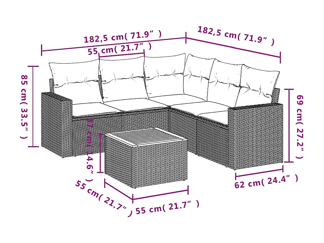 6-delige Loungeset met kussens poly rattan grijs