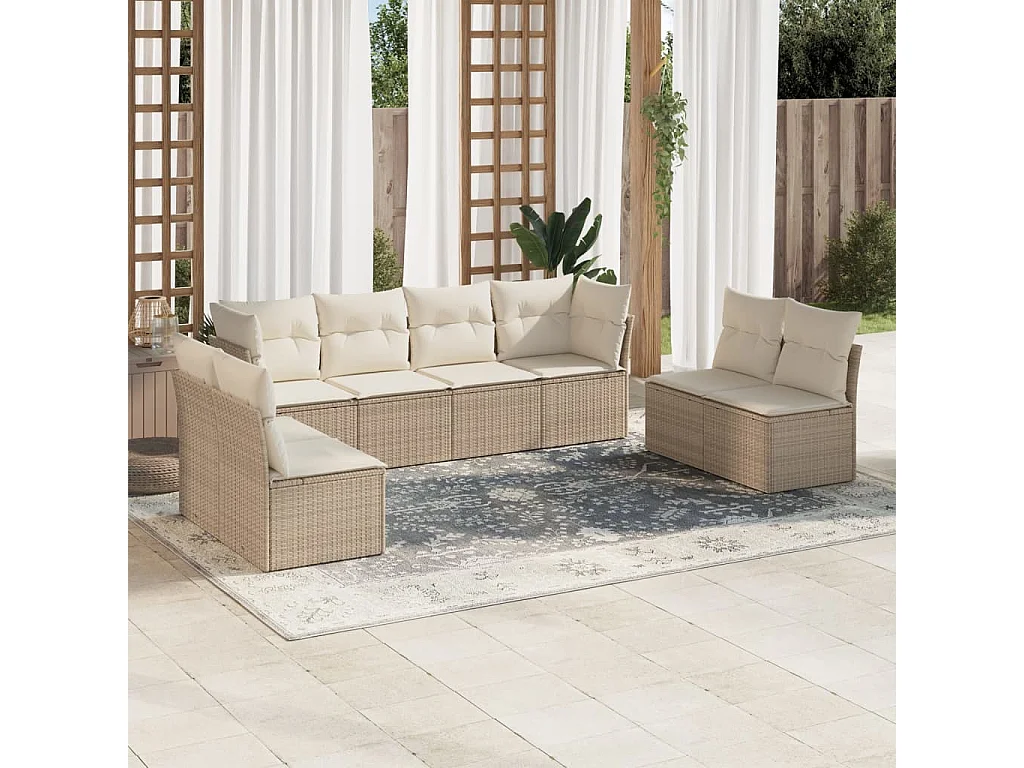 Salon de jardin avec coussins 8 pcs beige résine tressée