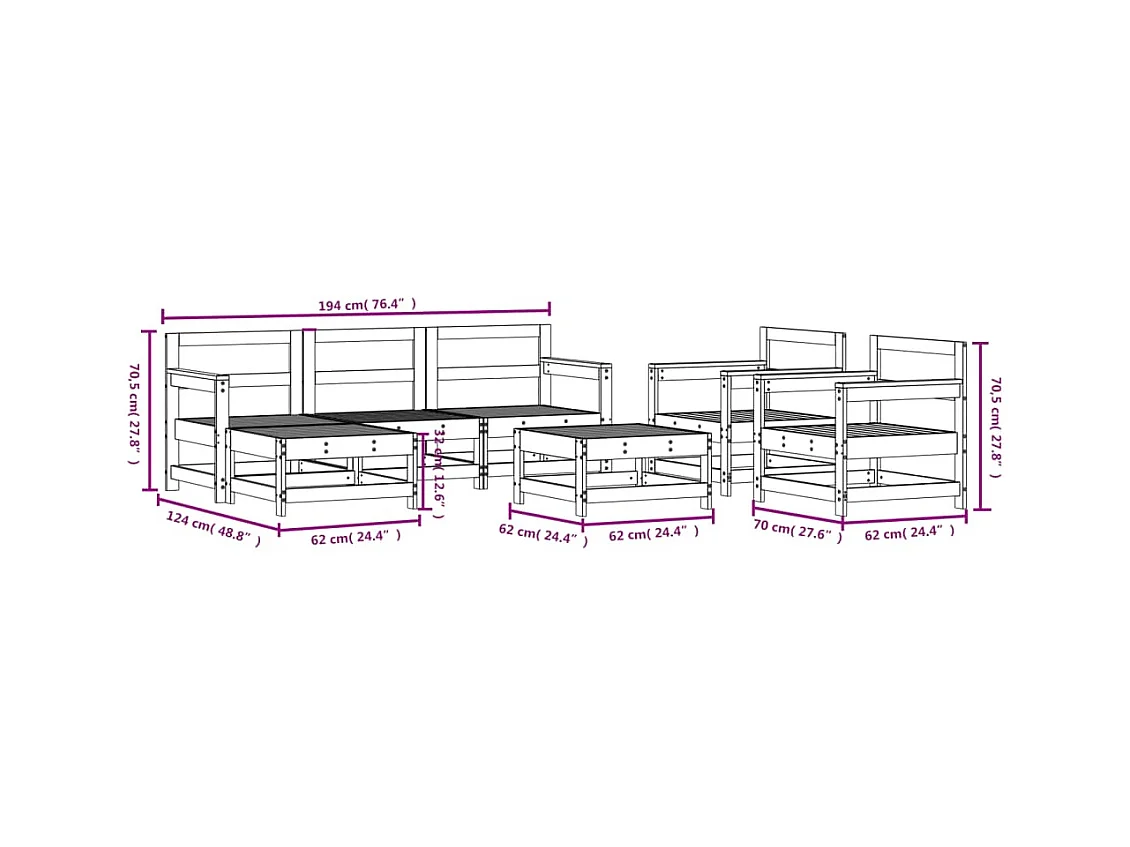 Set Salotto da Giardino 7 pz Bianco in Legno Massello di Pino