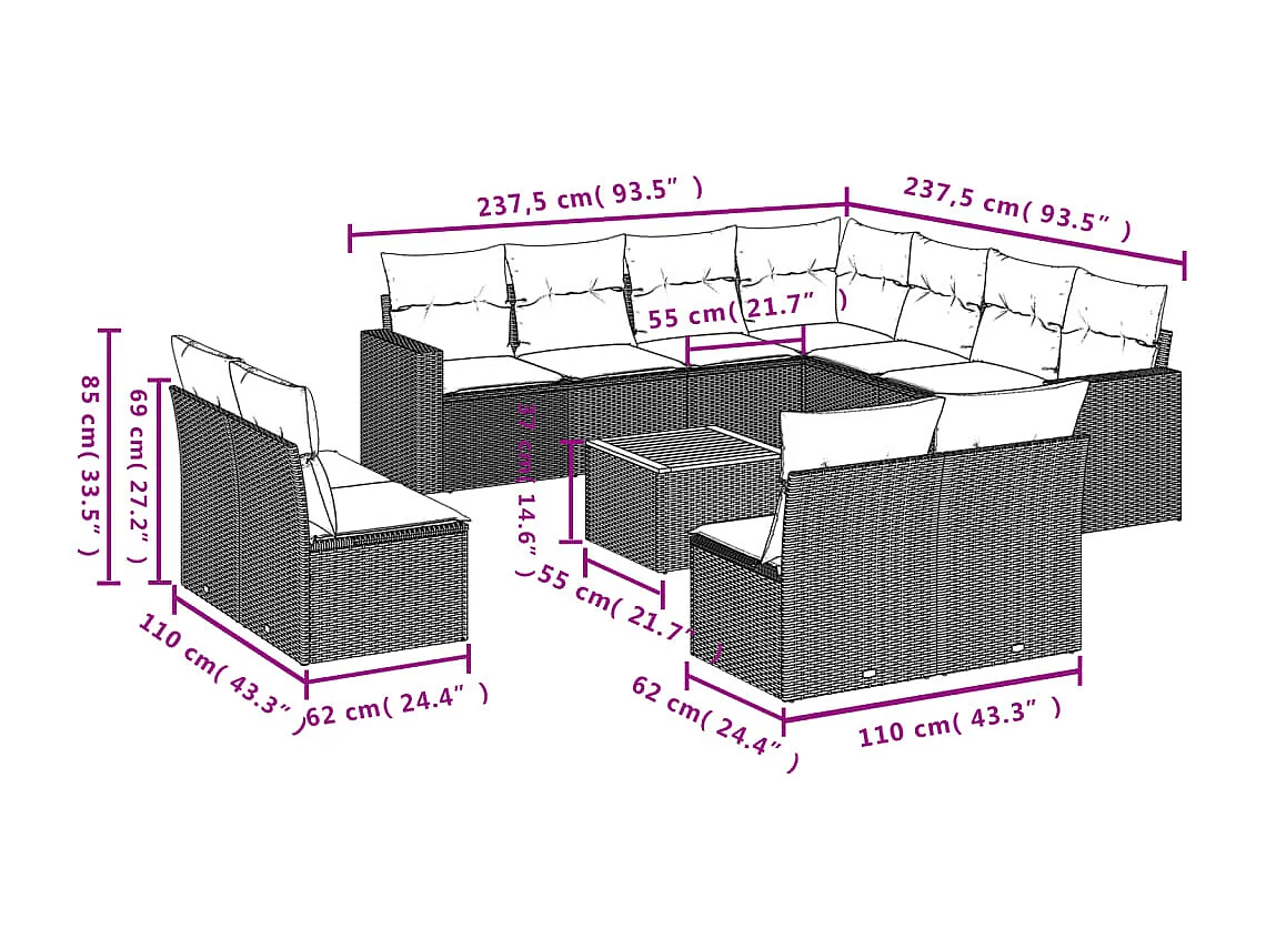Set Divani da Giardino 12 pz con Cuscini Beige in Polyrattan