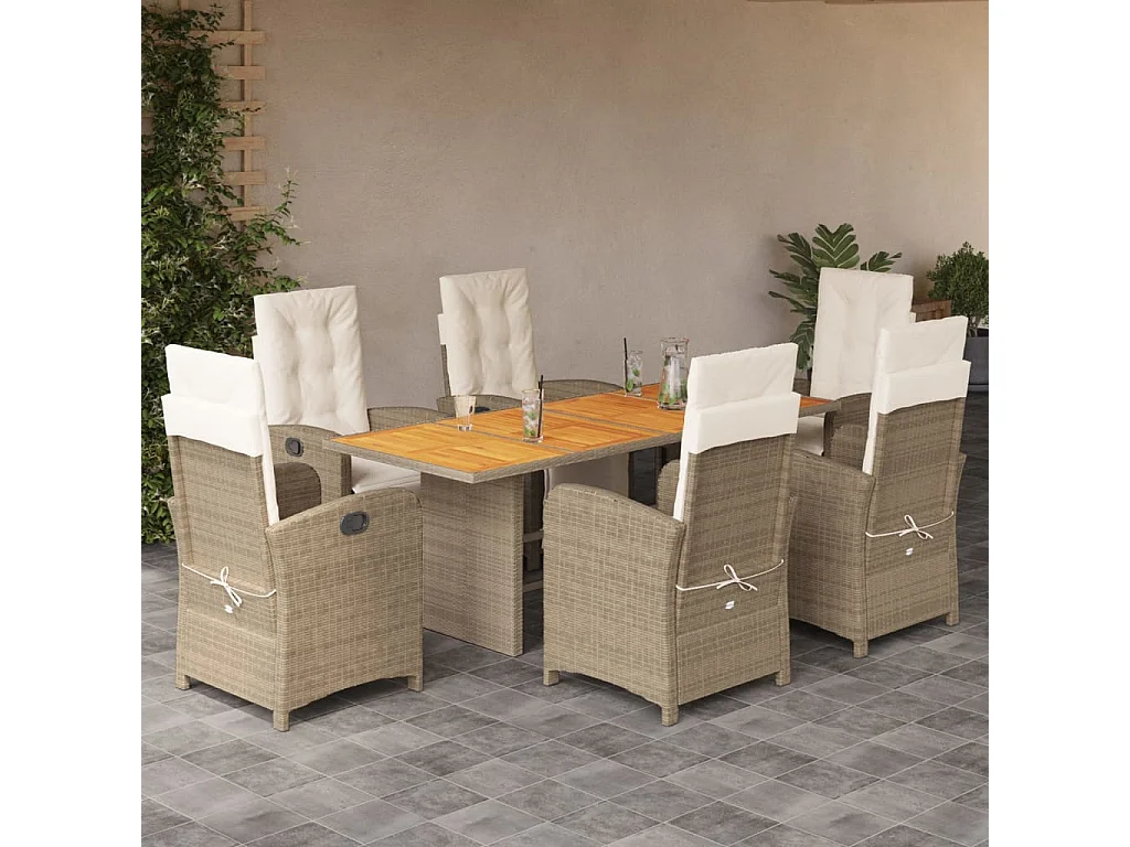 7 pcs conjunto de jantar p/ jardim com almofadões vime PE bege