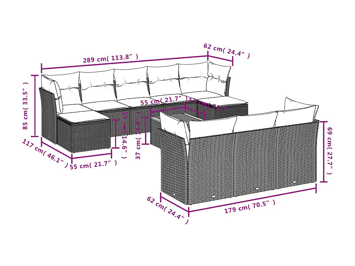 Salon de jardin 11 pcs avec coussins beige résine tressée