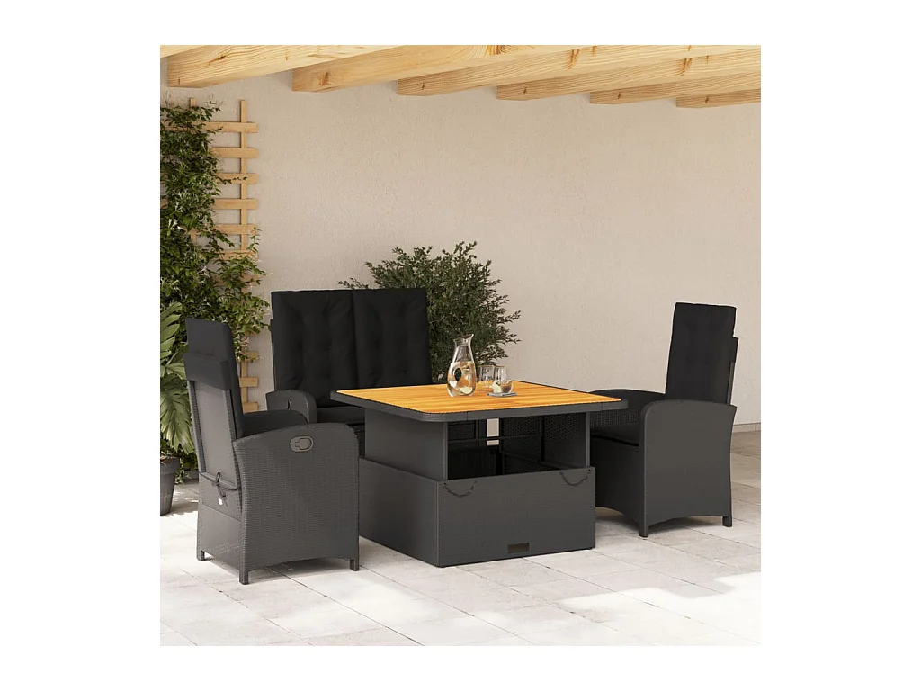 4-delige Tuinset met kussens poly rattan zwart