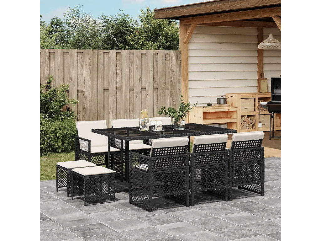 Set da Pranzo da Giardino 11 pz con Cuscini in Polyrattan Nero