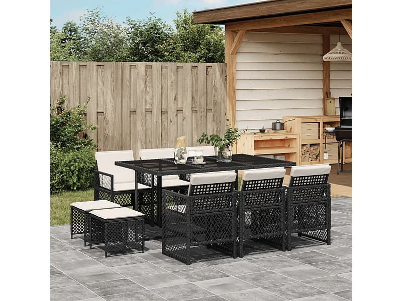 Set da Pranzo da Giardino 11 pz con Cuscini in Polyrattan Nero