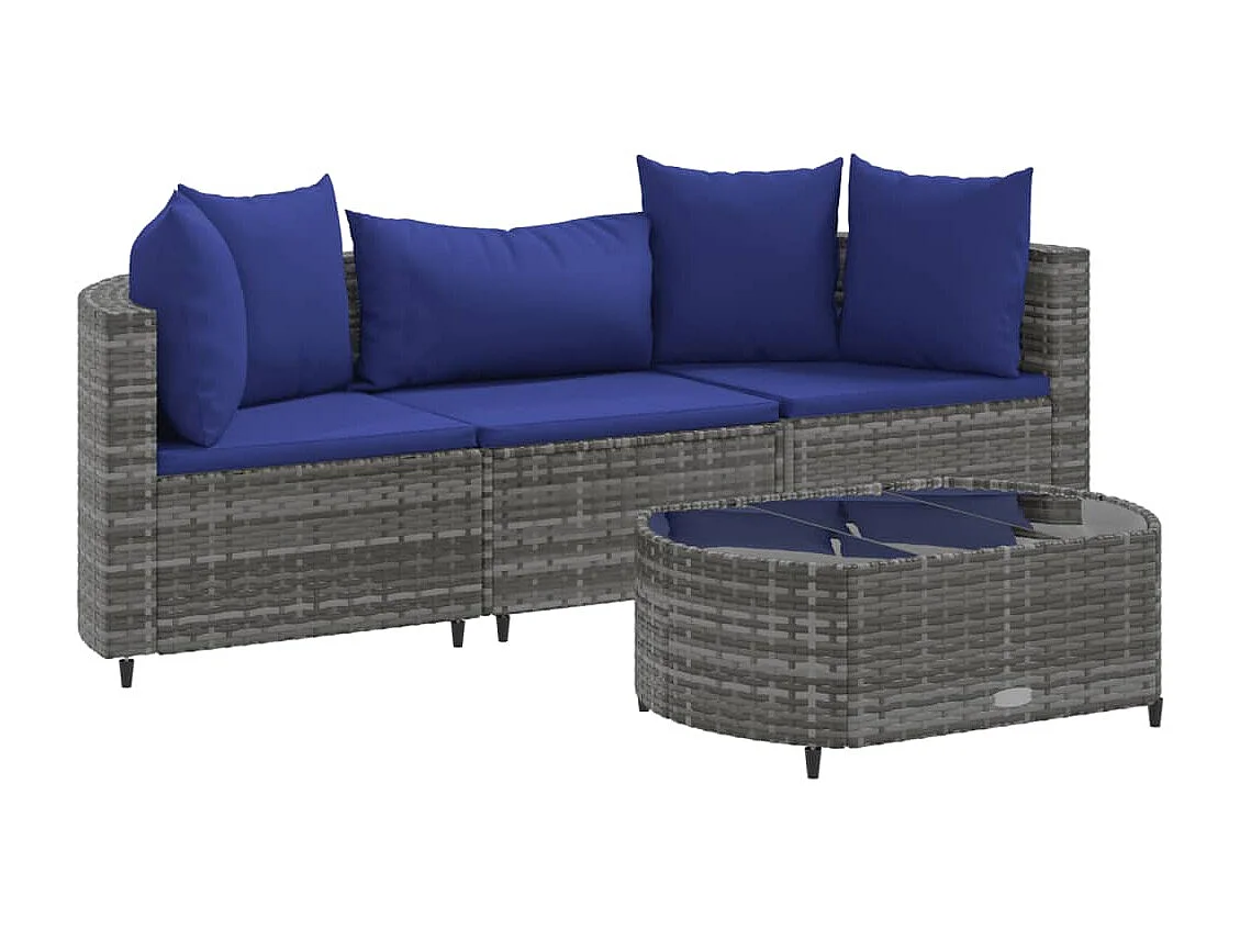 4 pcs conjunto sofás de jardim c/ almofadões vime PE cinzento