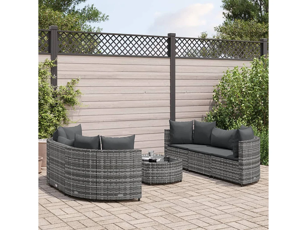 Salon de jardin avec coussins 7 pcs gris résine tressée