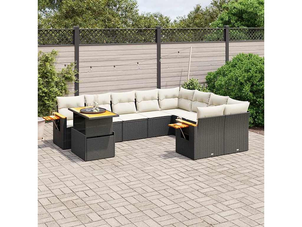 10 pcs conjunto sofás de jardim c/ almofadões vime PE preto