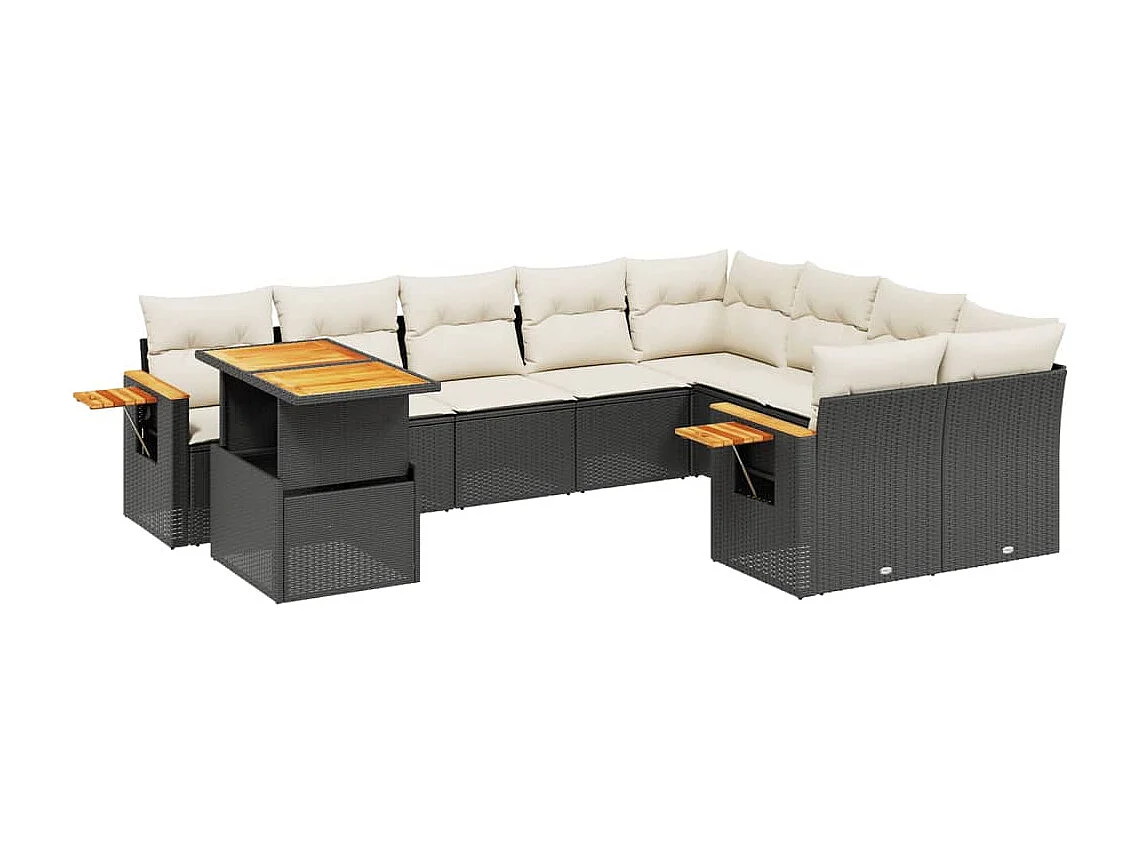 10 pcs conjunto sofás de jardim c/ almofadões vime PE preto