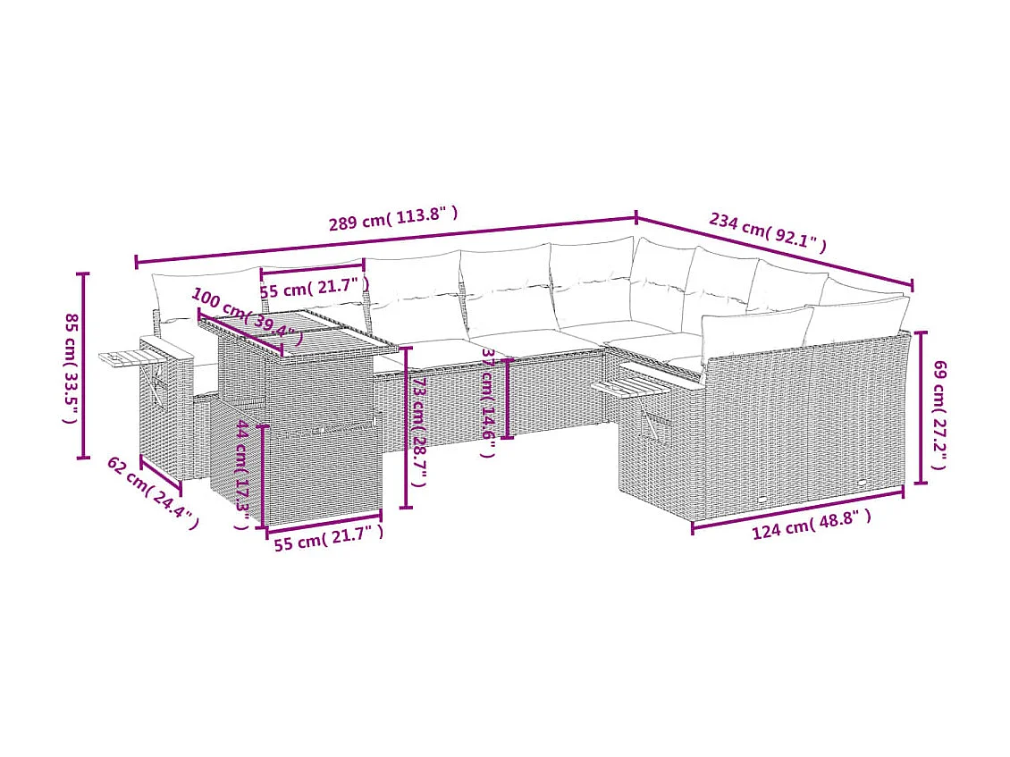 10 pcs conjunto sofás de jardim c/ almofadões vime PE preto