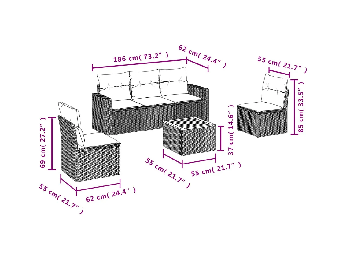 Salon de jardin 6 pcs avec coussins gris résine tressée