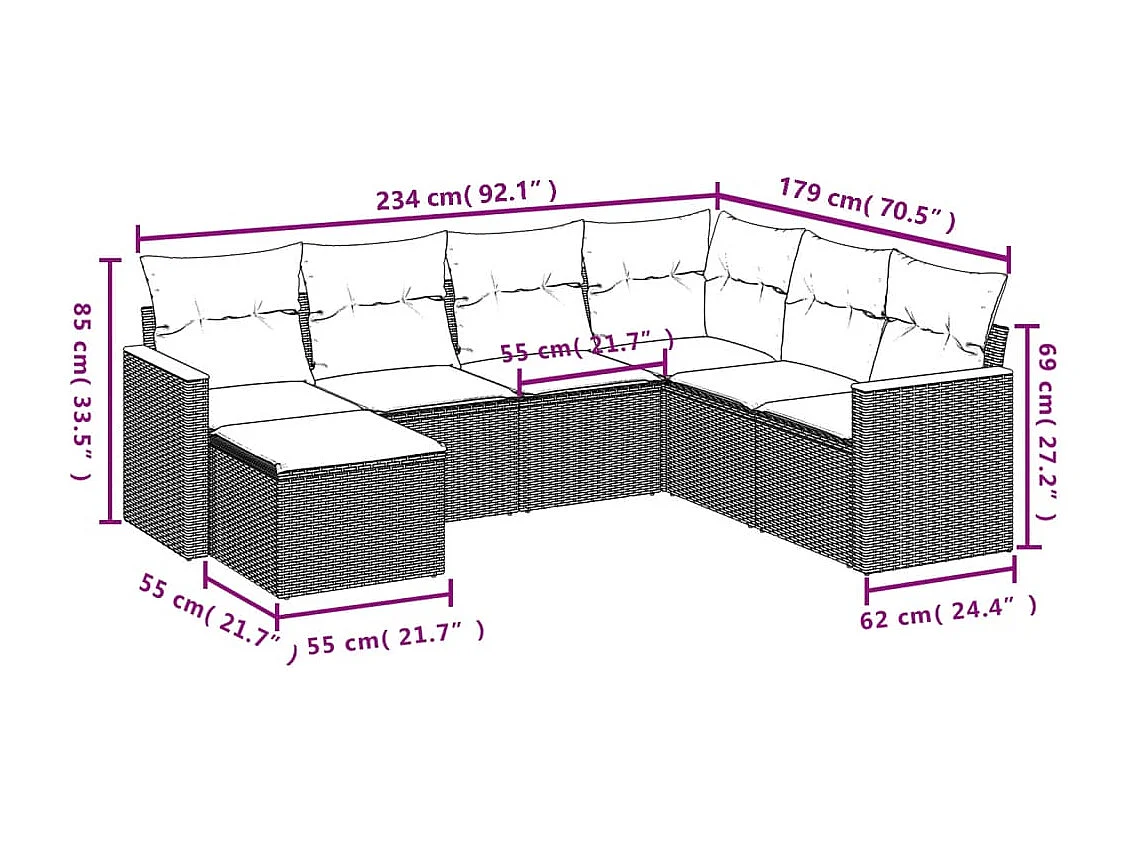 7 pcs conj. sofás jardim c/ almofadões vime PE bege misturado