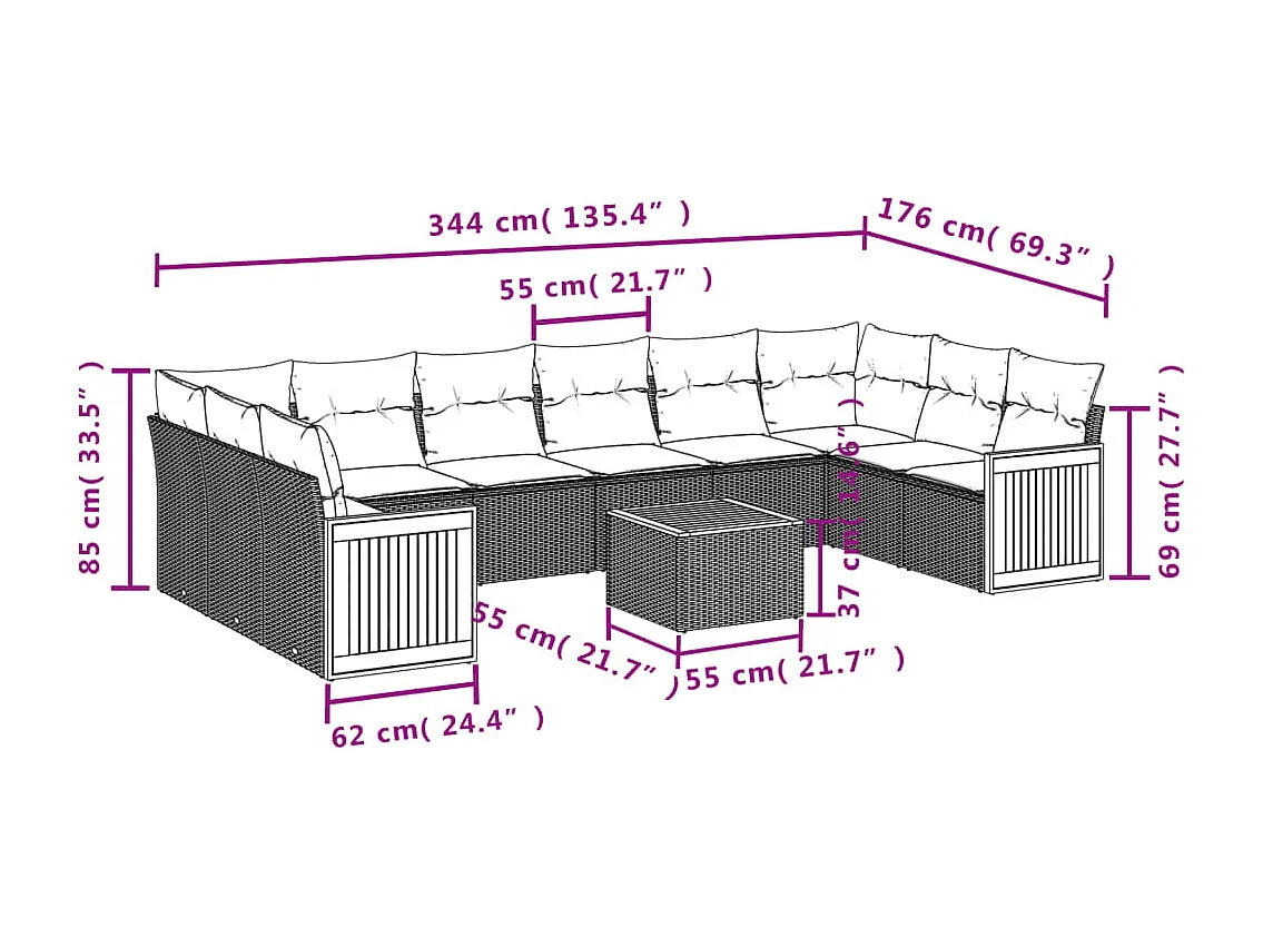 Set Divani da Giardino 11 pz con Cuscini in Polyrattan Nero