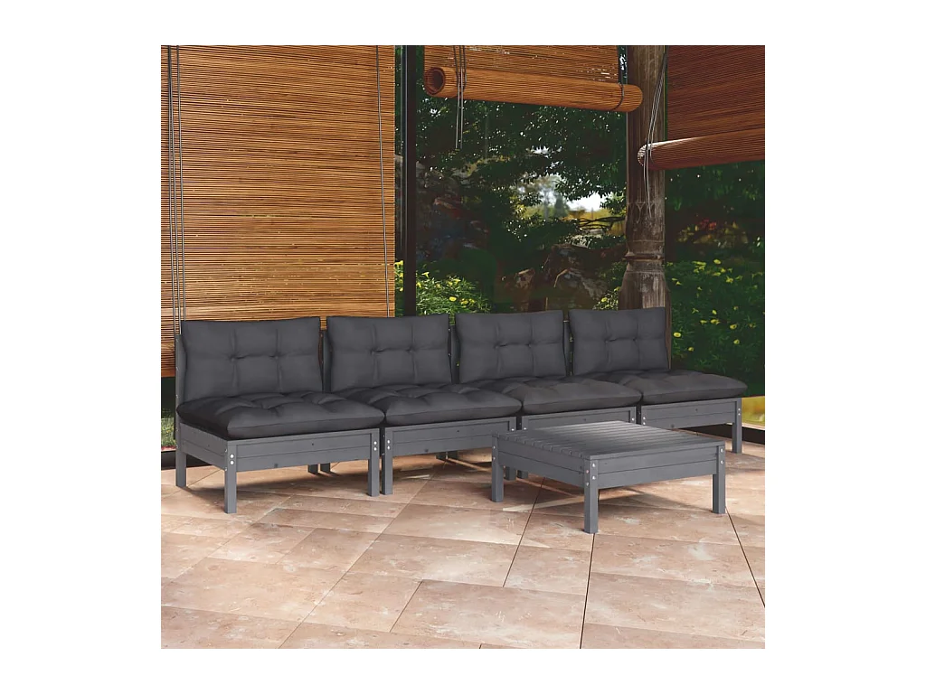 Salon de jardin 5 pcs avec coussins anthracite bois de pin