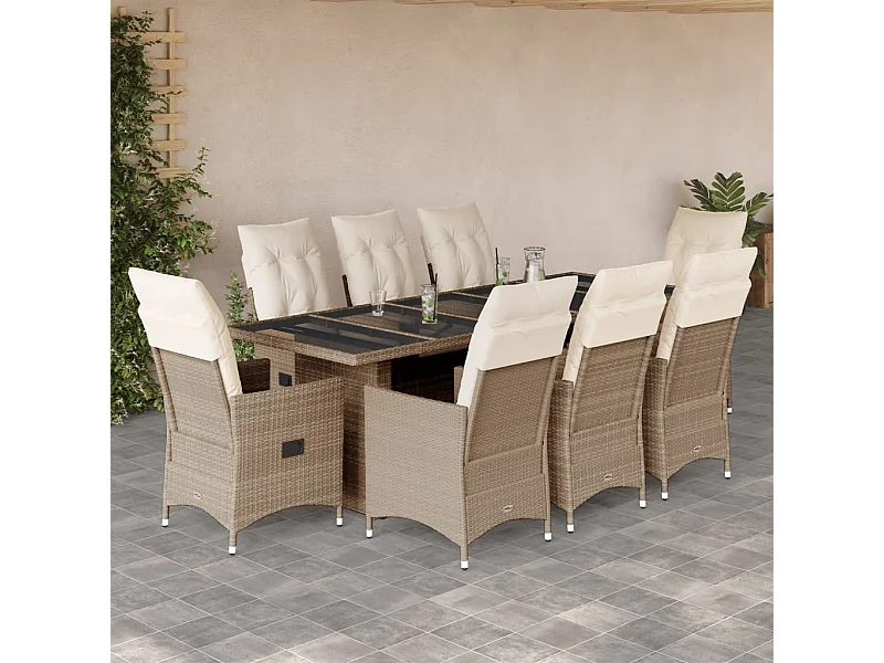 Ensemble de bistro de jardin 9 pcs coussins beige poly rotin