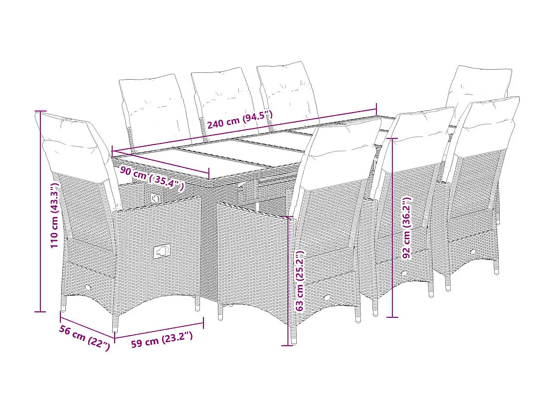 Ensemble de bistro de jardin 9 pcs coussins beige poly rotin